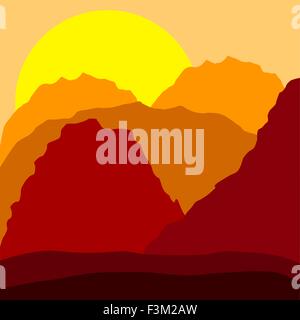 Tramonto in montagna illustrazione, arancione schema colori Illustrazione Vettoriale