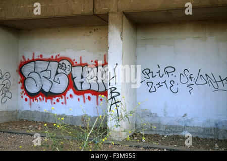 Nuovo dipinto graffiti sul bianco candido che è stata dipinta su un vecchio graffiti, London, England, Regno Unito Foto Stock