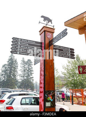 Un segno posto nel centro di Banff con un orso banderuola sulla sommità Banff Alberta Canada America del Nord Foto Stock