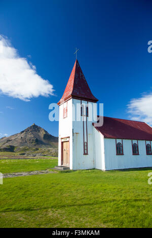 Chiesa Hellnar, Snaefellsnes Peninsula, Vesturland, Islanda. Foto Stock