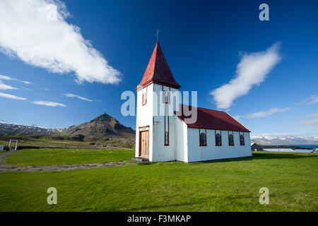 Chiesa Hellnar, Snaefellsnes Peninsula, Vesturland, Islanda. Foto Stock