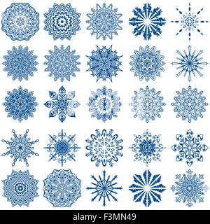 Set di venti cinque bella blu di fiocchi di neve isolato su uno sfondo bianco, del disegno a mano illustrazione vettoriale Illustrazione Vettoriale