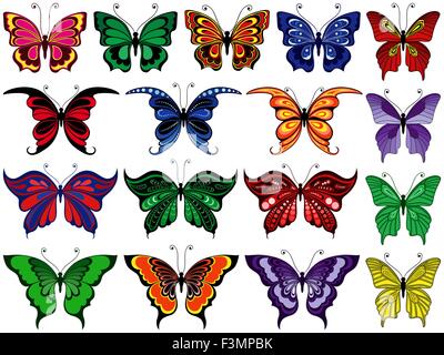 Set di diciassette colorate farfalle ornamentali isolata su uno sfondo bianco, del disegno a mano illustrazione vettoriale Illustrazione Vettoriale
