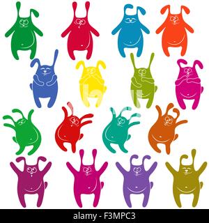 Set di sedici spesso divertenti stencil coniglio di diversi colori, cartoon illustrazione vettoriale Illustrazione Vettoriale