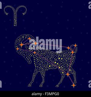 Segno zodiacale Ariete su uno sfondo di cielo stellato con lo schema di stelle della costellazione, illustrazione vettoriale Illustrazione Vettoriale