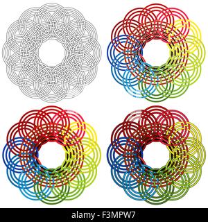 Quattro astratta circolare del vettore forme colorate come un pattern di vimini con dettagli diversi in termini di prestazioni Illustrazione Vettoriale