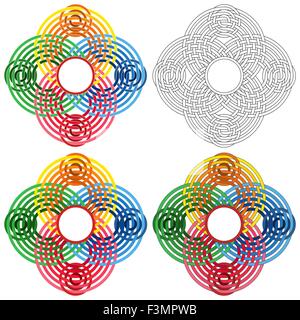 Abstract di forme vettoriali con quattro elementi circolari e con dettagli diversi in termini di prestazioni Illustrazione Vettoriale