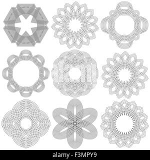 Set di nove vettore astratto nero ornamentali stencil circolare su sfondo bianco Illustrazione Vettoriale