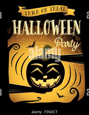 Festa di Halloween. Happy Halloween poster con la risata di zucca. Illustrazione Vettoriale. Concetto per volantino club, cartellone, banner o web Illustrazione Vettoriale