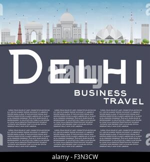 Delhi skyline con punti di riferimento di colore grigio, blu cielo e spazio copia. business viaggi e turismo concetto con posto per il testo. Illustrazione Vettoriale