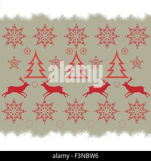 Natale ricami a punto croce con pattern di cervi e i fiocchi di neve. Illustrazione Vettoriale