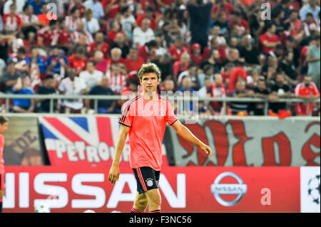 Athens, Grecia - 16 Settembre 2015: Thomas Muller prima dell' inizio della UEFA Champions League tra Olympiacos Foto Stock