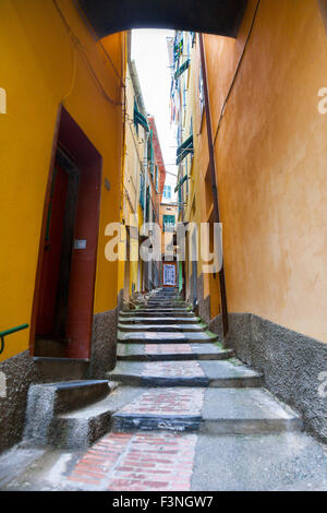 Una stretta, affascinante vicolo in Vernazza, Cinque Terre, Italia Foto Stock