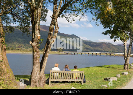 Godendo della vista del fiume Mawddach vicino Penmaenpool Snowdonia National Park, Gwynedd, Galles del Nord, Regno Unito Foto Stock