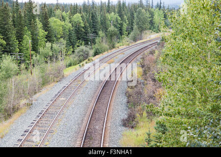 Ferrovia che si snoda attraverso le Montagne Rocciose Foto Stock