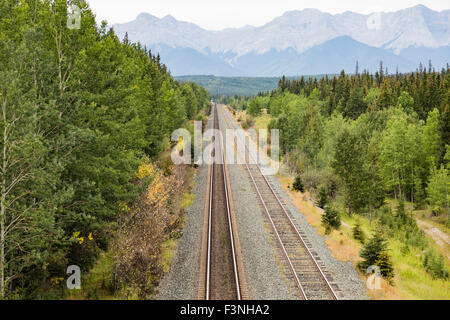 La linea ferroviaria che passa attraverso le Montagne Rocciose Foto Stock