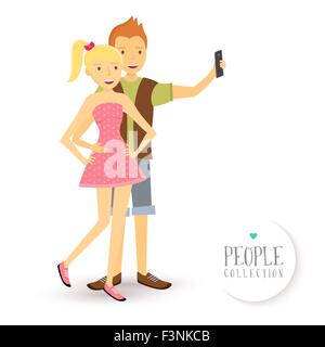 Collezione di persone: giovane coppia felice sorridente e posa per una selfie con telefono mobile in stile appartamento illustrazione. EPS vettore10 Illustrazione Vettoriale