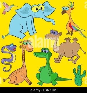 Set di cartoon animali e cactus isolato su sfondo bianco. Disegno a mano illustrazione vettoriale Illustrazione Vettoriale