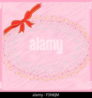 Illustrazione Vettoriale di saluto cartolina su sfondo rosa con nastro e molte stelle multicolore Illustrazione Vettoriale