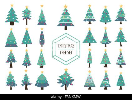 Set di semplici piatti moderni natale alberi di pino con ornamenti di vacanza e stella sulla parte superiore. Ideale per la creazione di un proprio design xmas Illustrazione Vettoriale