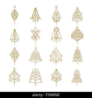 Set di astratta stile contorno natale alberi di pino con geometrica holiday ornamenti. Ideale per creare il vostro xmas design. Illustrazione Vettoriale