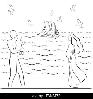 Uomo in possesso di un bambino e una donna in stato di gravidanza su un mare costa, del disegno a mano in bianco e nero illustrazione vettoriale Illustrazione Vettoriale