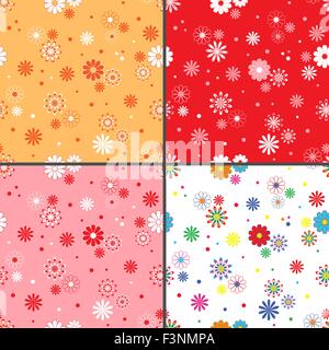 Quattro identici seamless pattern di vettore con diversi coloratissimi fiori di camomilla come sfondi Illustrazione Vettoriale