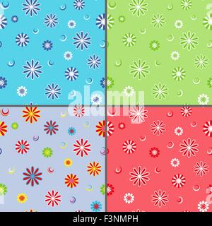 Quattro identici seamless pattern di vettore con diversi coloratissimi fiori a margherita come sfondi Illustrazione Vettoriale