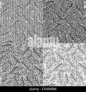 Vettore di quattro in bianco e nero senza saldatura modelli su strati separati con elementi floreali sullo sfondo della griglia Illustrazione Vettoriale