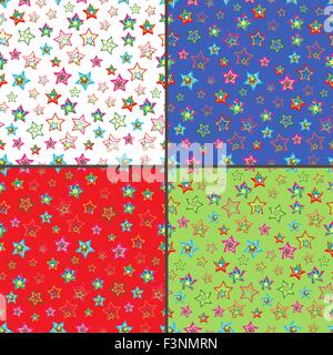 Quattro identici seamless pattern di vettore con diverse stelle colorate Illustrazione Vettoriale