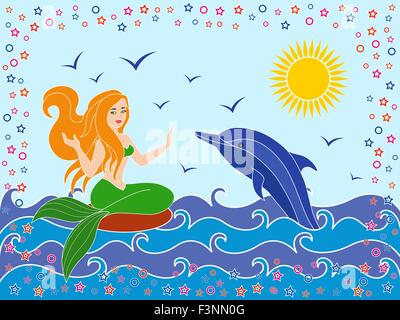 Dolphin e Mermaid come una mitica girl sulle onde del mare nella stagione calda, mano disegno vettoriale di illustrazione Illustrazione Vettoriale