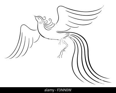 Grazioso nero contorno Firebird isolato su bianco. Disegno a mano illustrazione vettoriale Illustrazione Vettoriale