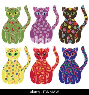 Set di sei vettore colorati gatti con pizzo corpi ornamentali e senza linee di contorno, isolato su sfondo bianco Illustrazione Vettoriale
