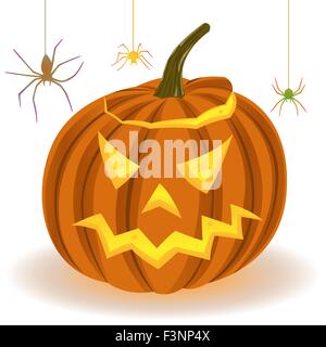 Sorridente Zucca di Halloween e ragni appeso sul web, del disegno a mano illustrazione vettoriale Illustrazione Vettoriale