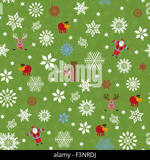 Vettore di Seamless pattern per motivi di Natale con Babbo Natale, renne, pecore e tanti fiocchi di neve su verde sullo sfondo senza giunture Illustrazione Vettoriale