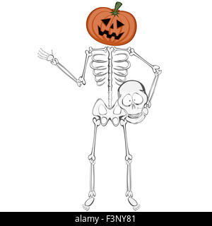 Lo scheletro di Buddy - Una simpatica mascotte di scheletro e permanente tenendo la sua testa (zucca sul collo) Foto Stock