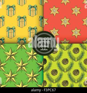 Schizzo set di Natale seamless patterns in stile vintage, vettore Illustrazione Vettoriale
