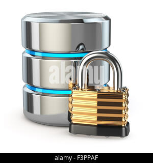 Storage per database di concetto di sicurezza. Il disco con blocco isolato su bianco, 3d Foto Stock