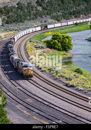 Union Pacific treno merci lungo il fiume Yampa; northwestern Colorado, STATI UNITI D'AMERICA Foto Stock