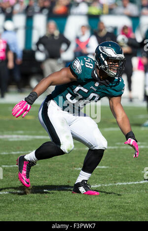 Philadelphia, Pennsylvania, USA. Undicesimo oct, 2015. Philadelphia Eagles al di fuori linebacker Giordania Hicks (58) in azione durante il gioco di NFL tra New Orleans Saints e Philadelphia Eagles al Lincoln Financial Field di Philadelphia, Pennsylvania. Christopher Szagola/CSM/Alamy Live News Foto Stock