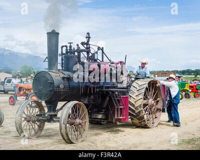 Il Rancher guida antico trattore a vapore, Chaffee County Fair & Rodeo, Salida, Colorado, STATI UNITI D'AMERICA Foto Stock