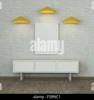 White room interior con un muro di mattoni.3d rendering Foto Stock