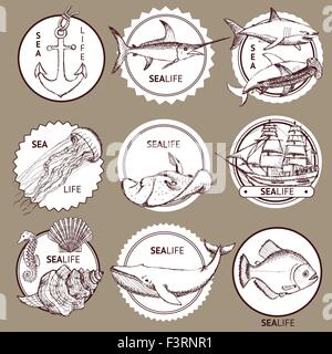 Schizzo logotipo di mare in stile vintage, set di vettore Illustrazione Vettoriale