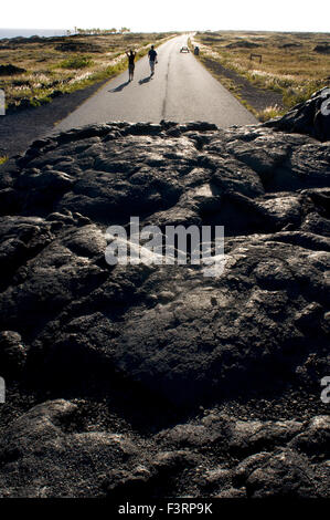 Fine della strada, Catena di crateri Road, Hawai'i vulcani del Parco Nazionale, Big Island, Hawaii, Stati Uniti d'America. Lava nera alla fine del C Foto Stock