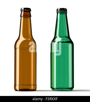 Marrone e verde bottiglia di birra isolato su sfondo bianco Foto Stock