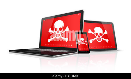 3D Laptop PC tablet e smartphone con pirate simboli sullo schermo. Concetto di hacking Foto Stock