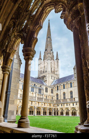 La guglia della cattedrale dal chiostro, Norwich Cathedral e Norwich, Norfolk, Inghilterra, Regno Unito Foto Stock