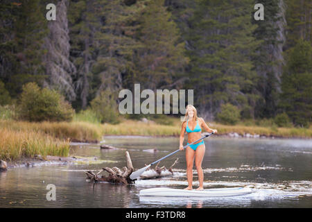 Una giovane donna su usando una racchetta di bordo su un piccolo fiume e nel bel mezzo di una foresta nelle montagne del nord della California Foto Stock