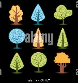 Set di alberi differenti disegni alberi di Natale disegni di diversi colori. Illustrazione Vettoriale