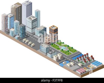 Isometrica del vettore dal centro città sulla mappa con un sacco di edifici, grattacieli, fabbriche e parchi Illustrazione Vettoriale
